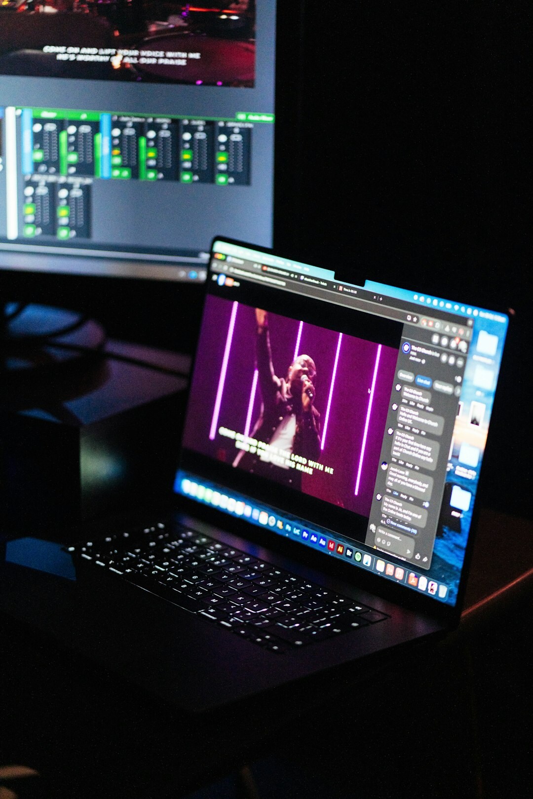 Laptop screen showing a live streaming production interface